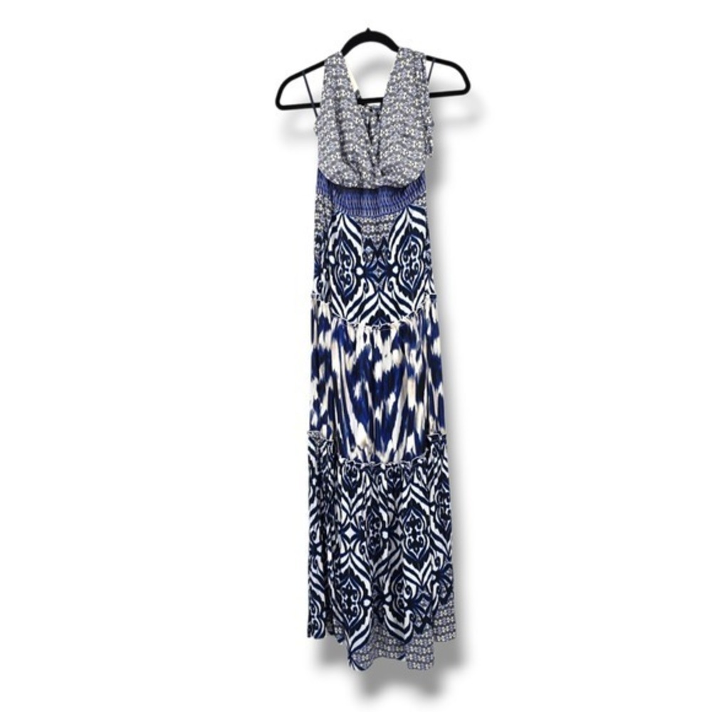 Eva Mendez Maxi‎ Dress Boho Halter Neck Tiered Blue White Floral Size Small